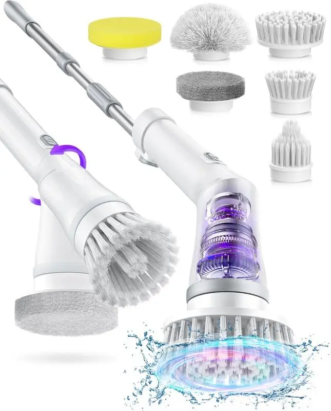 

Electric Spin Scrubber, Cordless Cleaning Brush IPX7 Waterproof with 6 Replaceable Brush Heads, 2H Power Dual Speed,