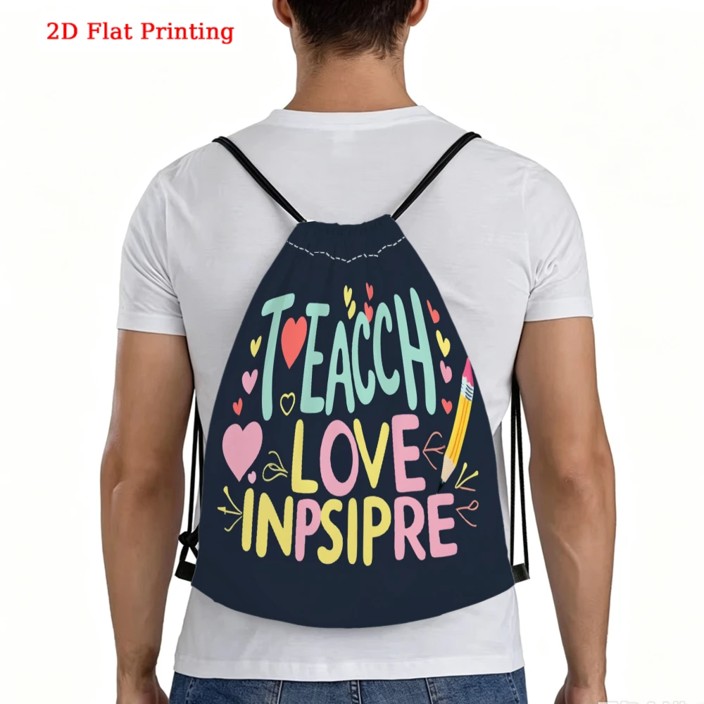 Cute 2D Flat Printing Drawstring Backpack, Teach Love Inspire Pattern Gym Sports Bag, Outdoor Travel Cinch Sack