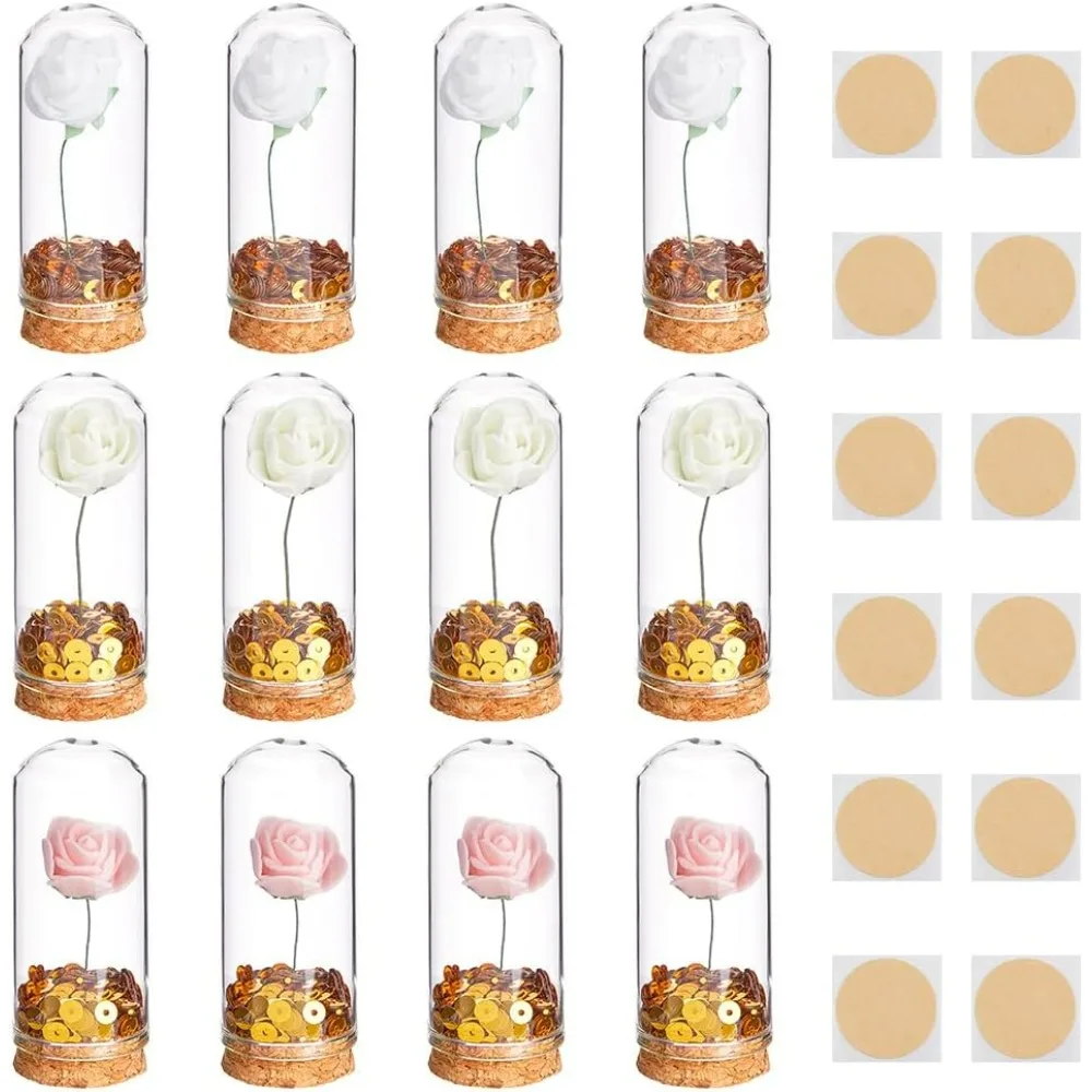 12Pcs 3 Colors Wedding Favors for Guests Foam Artificial Rose Flowers Gift with Clear Glass Dome Cover Adhesive Tapes