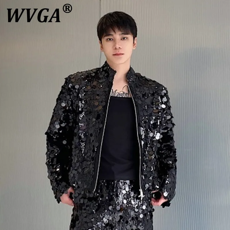 

WVGA New Man Jacket Autumn Winter Long Sleeve Trendy Personalized Sequin Stand Up Collar Design Chic Short Coats Ins Y2K W10792
