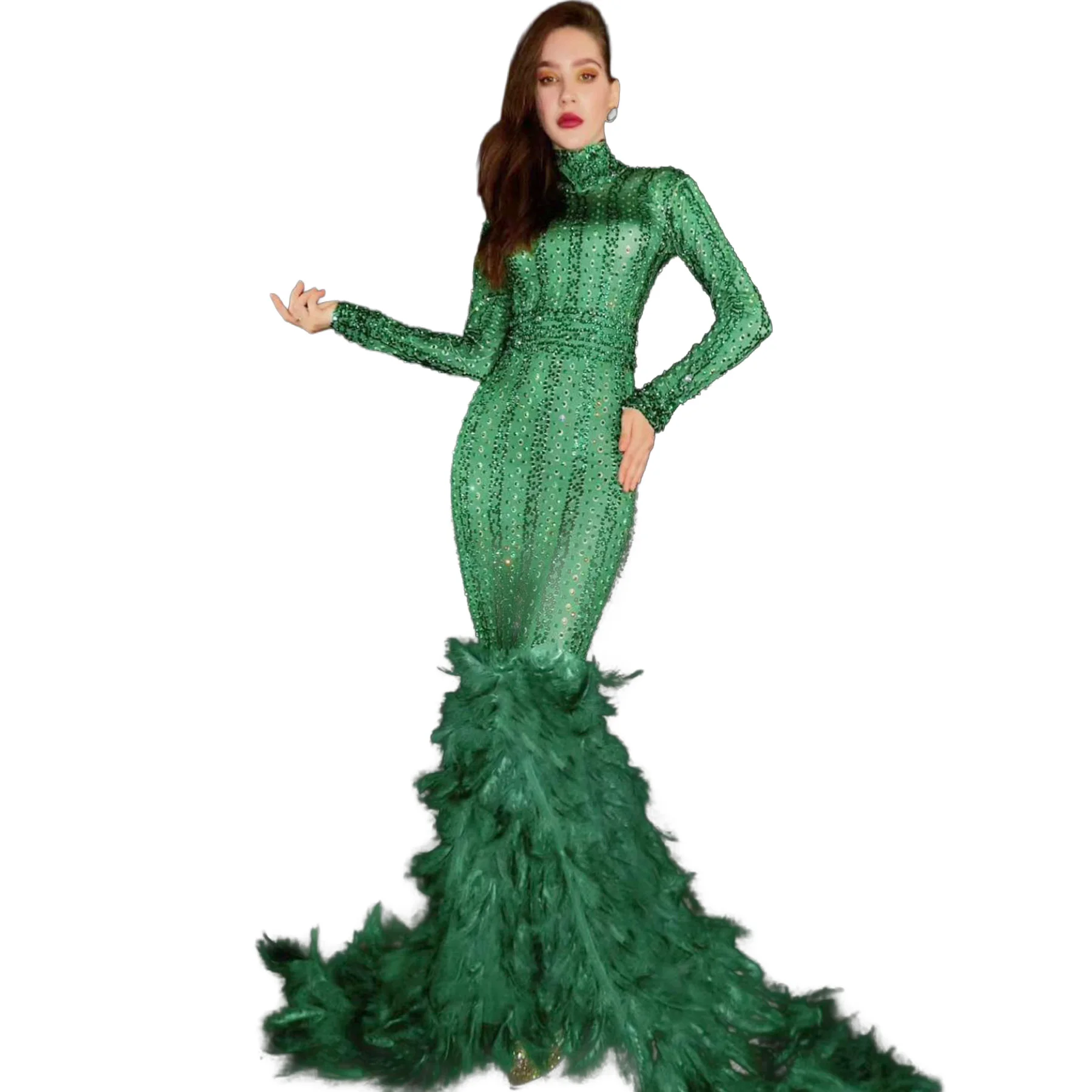 

Вечернее платье Molv Sparkly Green: прозрачное сетчатое макси-платье с перьями по подолу, высоким воротом, длинными рукавами и стразами, облегающее, для вечеринок и выпускных мероприятий