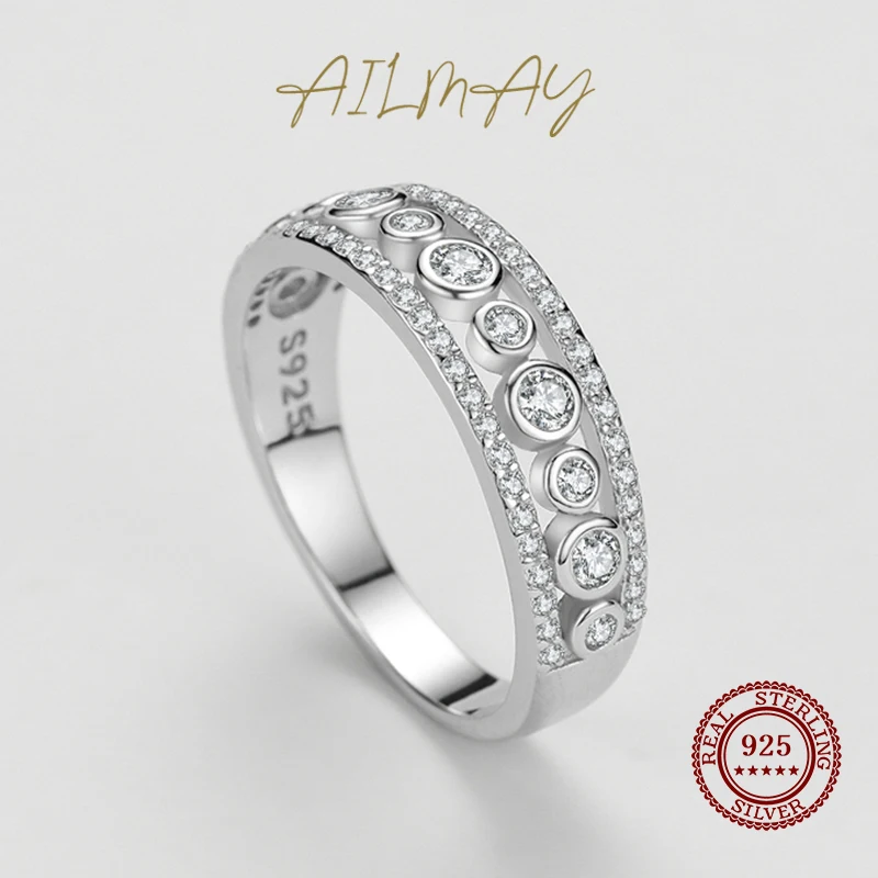 Ailmay Authentic 925 Sterling Silver Dazzling Round Zircon Rings For Women Wedding Engagement Fine Elegant Female Jewelry