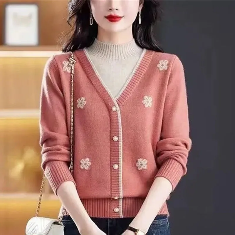 2025 Female False Two Piece Knitted Outwear Korean Women Long Sleeves Knitting Coat Autumn Lady Half High Collar Sweater Jacket