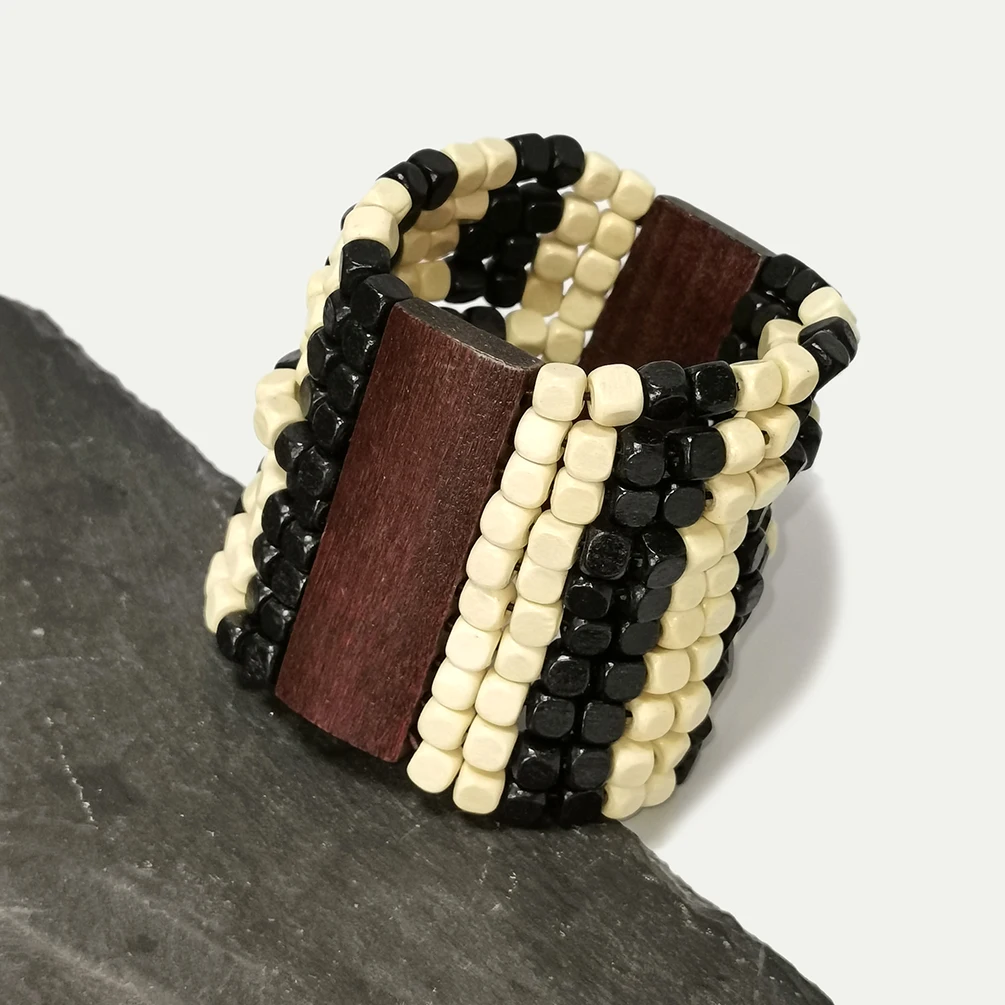 MANILAI Black mix Beige Wood Beads Indian Bracelet Women Handmade Elastic String Bracelets Cuff Bangles Ethnic Wooden Jewelry