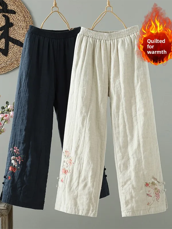 

Теплые брюки с хлопковым наполнителем в стиле ретро, повседневные хлопковые брюки с эластичной резинкой на талии для похудения, прямые широкие брюки для больших...