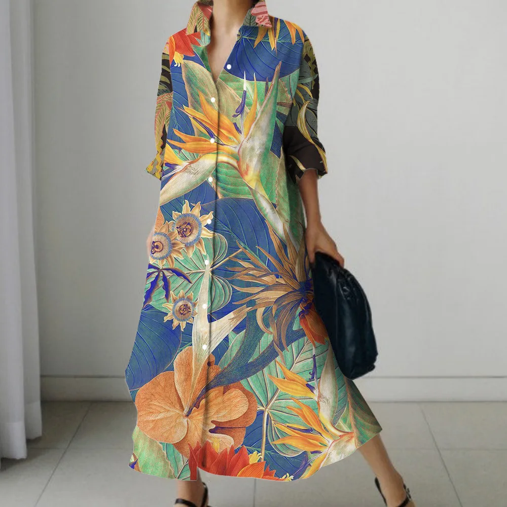 

New Fall Single-breasted Shirt Dress With Pocket Stylish Elegant Leaf Print Knee-length Maxi Dress Loose And Comfortable