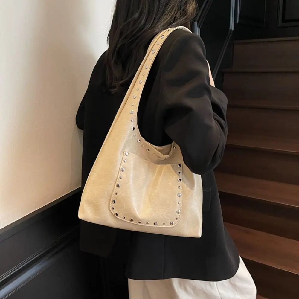 

Simple Y2K Retro Rivet Shoulder Bag Oil Wax Leather Spicy Girl Motorcycle Bag Korean Multi-pocket Vintage Underarm Bag Girls
