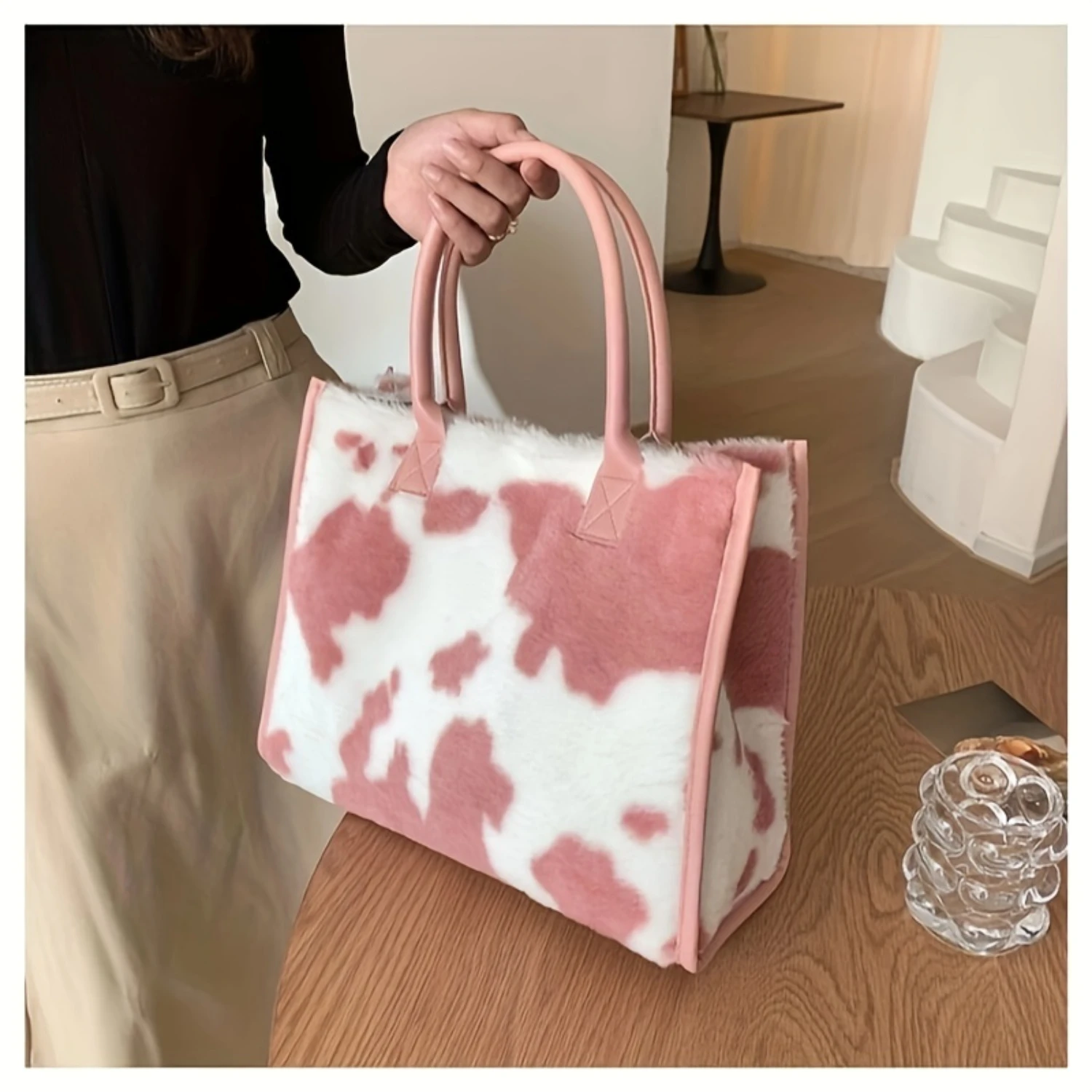 

Plush Cow Pattern Tote Bag For Women, Vintage Soft Fluffy Handbag, Fashion Large Capacity Shoulder Bag