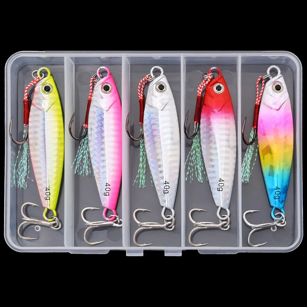 5pcs Boxed Lead Fish Jig Metal Fishing Lure Slow Pitch Jigging Bait with Reinforced Blood Groove Hooks Saltwater Hard Bait