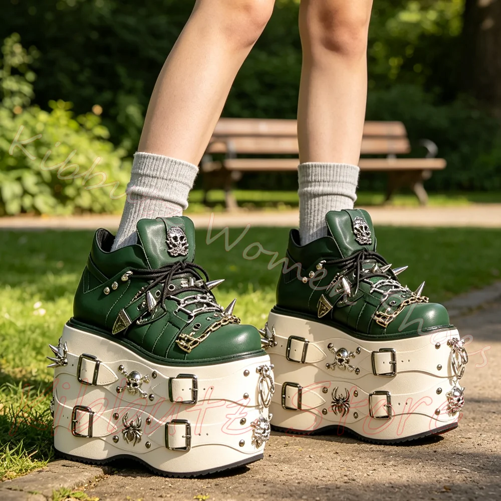 Multi Layer Platform Sneakers Women Skull Chain Buckle Straps Spiked Lace Up Gothic Punk Leather Mixed Color Statement Shoes New view 6