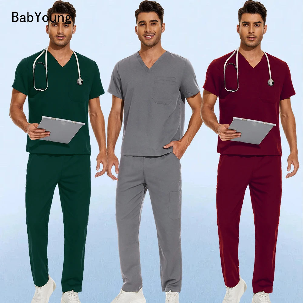 

Mens Short Sleeve Scrub Tops Medical Pants Nurse Uniform Dentist Overalls Doctor T-shirt Trousers Clinic Beauty Salon Work Sets