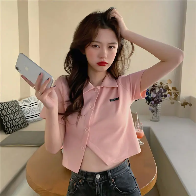 Split Hem Pink Polo Neck Short Tops Tees Summer New Short Sleeve Solid Color Sweet T Shirts Y2K Fashion Casual Women Clothing