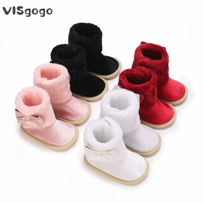 

VISgogo Newborn Girl Ankle Boots Bow Winter Warm Snow Boots Baby Walking Shoes for Toddler Infant 0-18Months