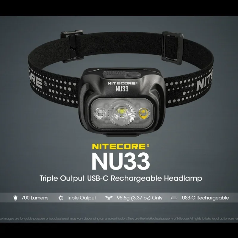 NITECORE NU33 하이 CRI LED 트리플 출력 USB-C 충전식 헤드램프, 내장 리튬 이온 배터리, 알루미늄 금속 소재, 700 루멘