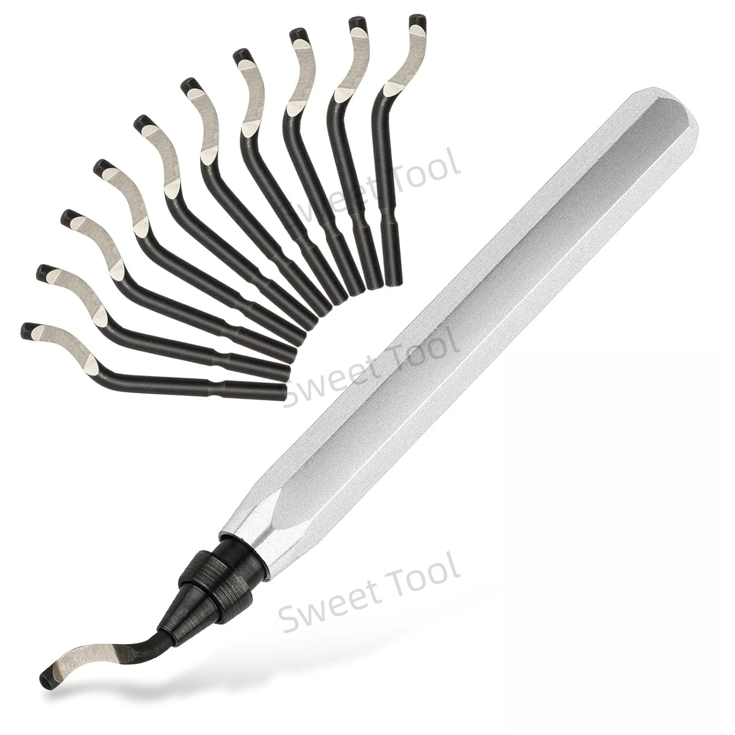 Silver Metal Handle with 1/10/11PCS Rotary Deburr Blades Set Burr Remover Hand Tool for Wood Plastic Aluminum Copper and Steel
