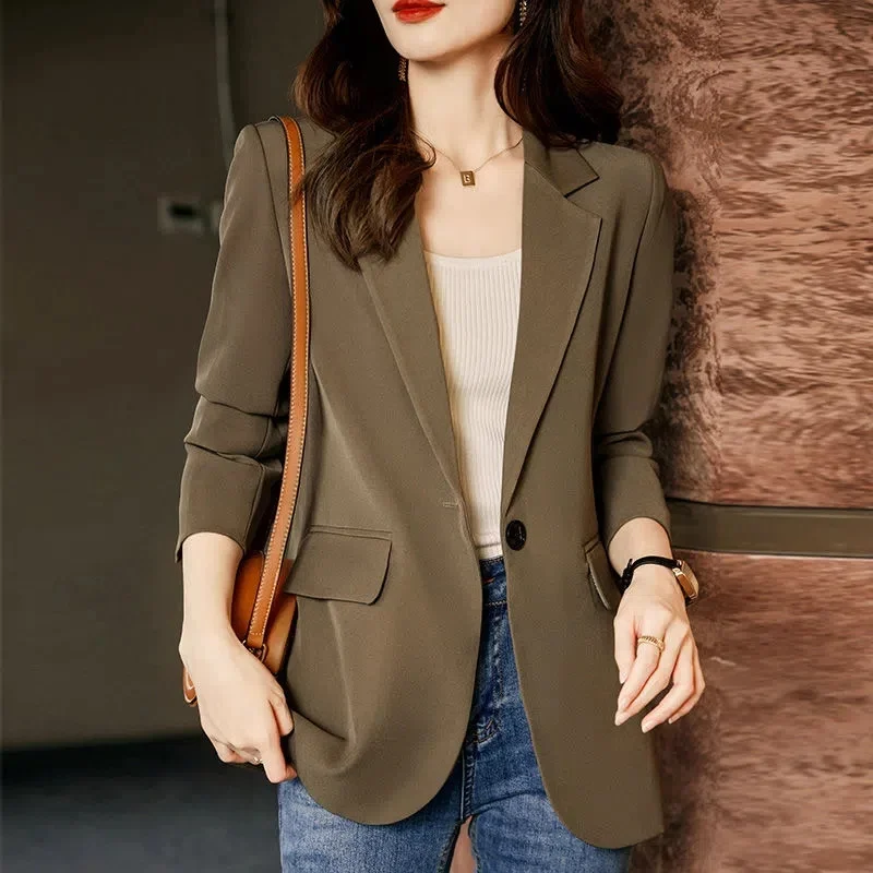 2025 Women Coffee Color Small Blazers Jacket Spring Autumn One-Button Suit Coat Lady Casual Tops Black Green Blazers Outerwear