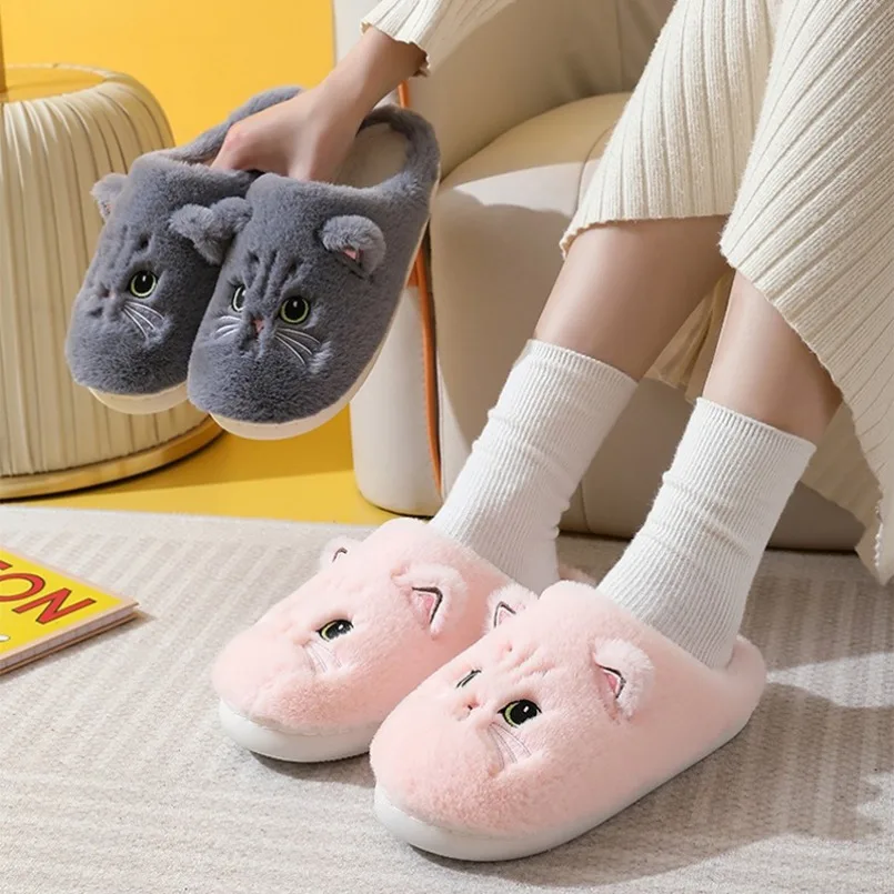 

House Slipper Women Winter Warm Fuzzy Cat Cartoon Fur Plush Indoor Female Thermal Home Shoe Furry Funny Flat flip flop Plus Size