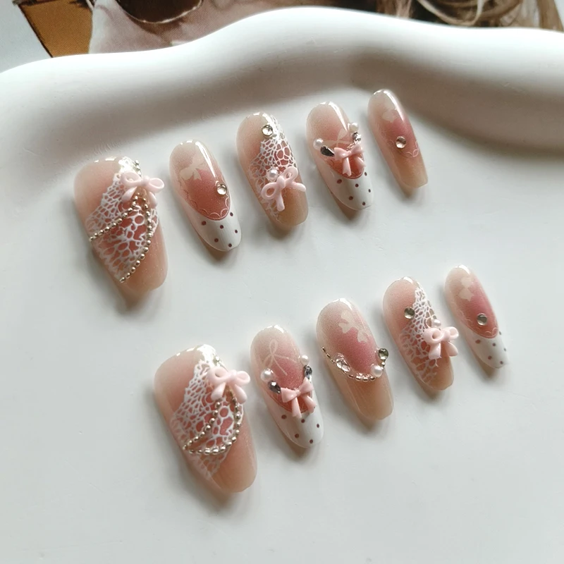 10Pcs French Style 3D Bowknot Rhinestone Lace Polka Dots Design Handmade Press on Nails Almond Shape Love Gentle Fake Nails view 3