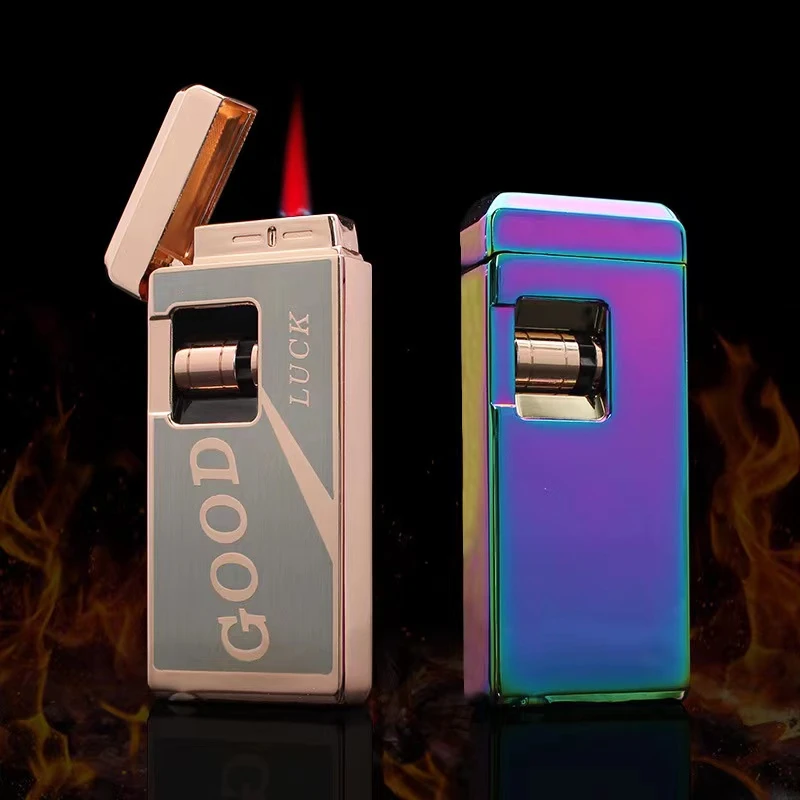 Touch Roller Induction Windproof Red Jet Flame Butane Gas Lighter, Metal Creative Ignition Gadget Smoking Accessory