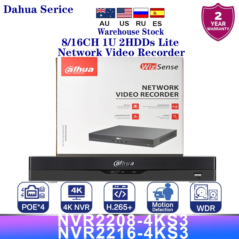 

Dahua Serice 4K 8CH NVR2208-4KS3 16CH NVR2216-4KS3 1U 2HDDs Lite Network Video Recorder Smart H.265+ SMD Plus Alarm Audio I/O