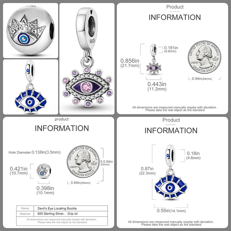 3-teiliges 925 Sterling Silber Hamsa Hand Böser Blick Charm-Set Glücksbringende Blaue Augen-Perlen DIY Armband Halskette Geschenk für Frauen – Detail 3