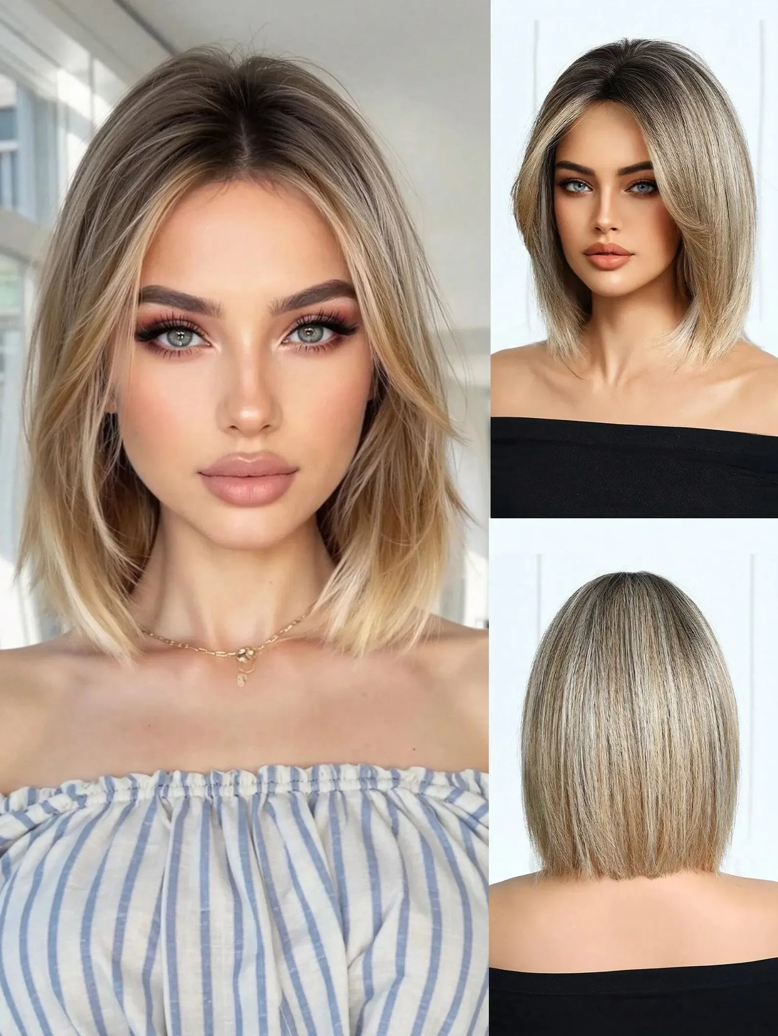 Summer new style Ombre Brown Blonde Short Bob Synthetic Wig Dark Root Straight Wigs Natural Middle Part women hair all day wear