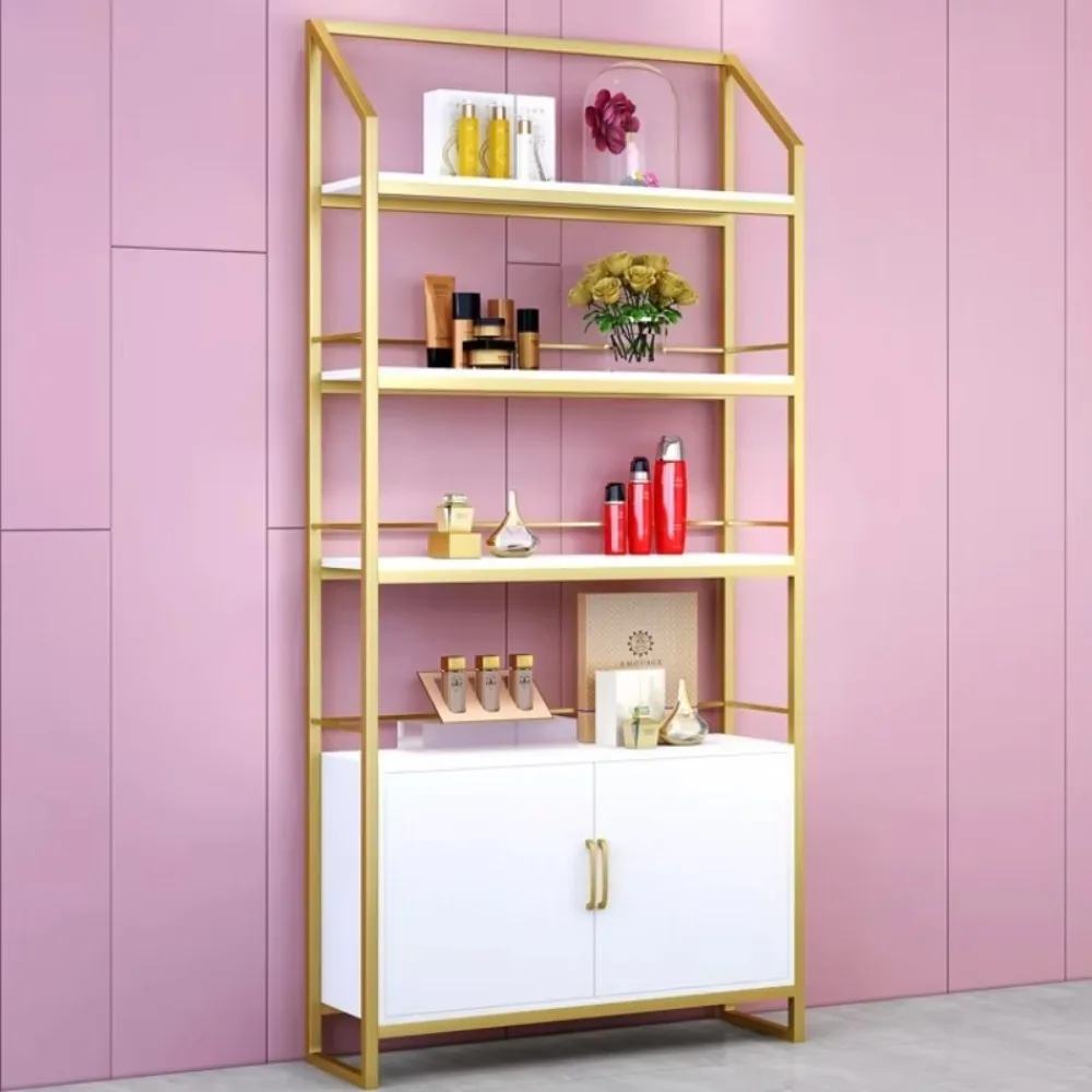 

Многофункциональный металлический деревянный стеллаж-витрина для косметики и маникюрного салона