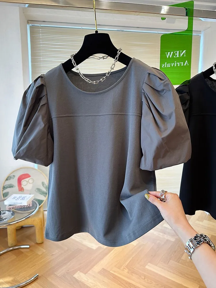 

Ele ort Sve Cotton T-irt Women's Summer High Waist Bubble Sve Lantern Sve Commute Sle Unique Faion Top