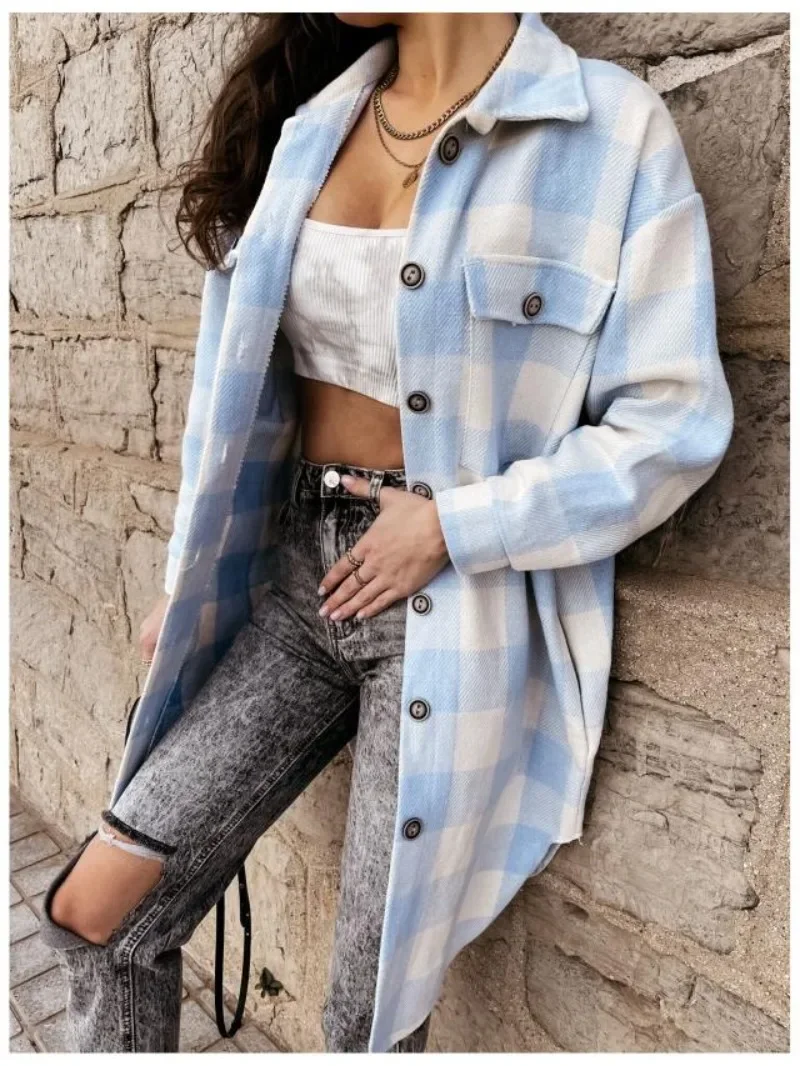 

Новая женская базовая клетчатая рубашка с воротником на пуговицах, однобортная женская модная длинная рубашка с длинными рукавами, куртка, осенняя одежда, рубашка