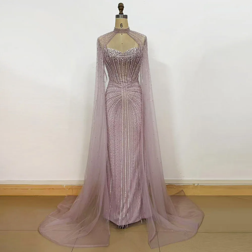 Elegante zeemeermin-avondjurk voor dames met capemouwen 2026 Dubai Arabia kralen lange formele gala- of bruiloftsjurk op maat gemaakt