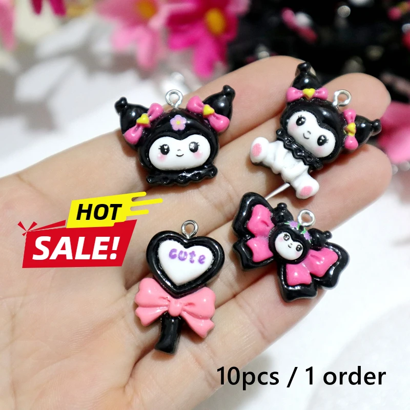 10pcs Kawaii Kuromi Resin Nailing Pendant Cute Bow Flower Shiny Anime Charms DIY Bracelet Earring Keychain Decoration Accessory