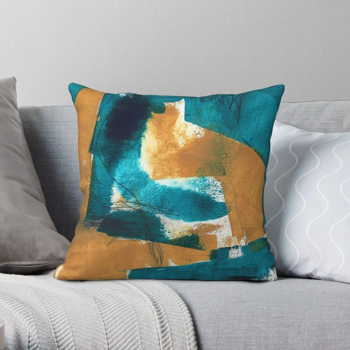 Teal And Mustard Square Pillowcase Polyester Linen Velvet Pattern Zip Decorative Throw Pillow Case Car Cushion Cover