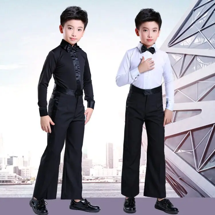 1세트/로트 라틴 댄스 의상 블랙 화이트 리본 탑과 바지 소년용 볼룸 차차 탱고 무대 공연 의상 어린이용
