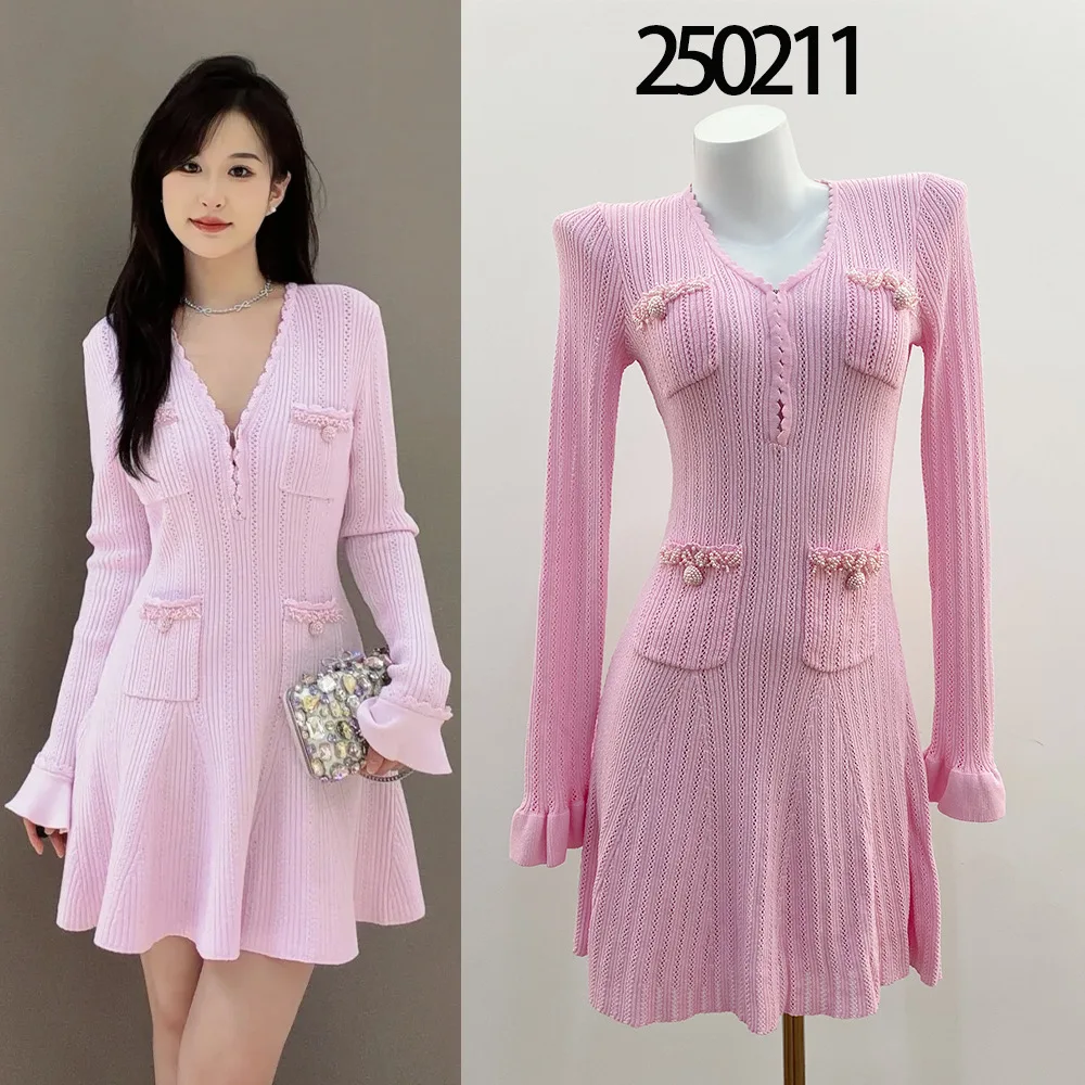 

【Gift Free】2026 Early Spring Premium Beaded Pink Lace UV Collar Long Sleeve Hollow Knit Dress Women Elegant Chic