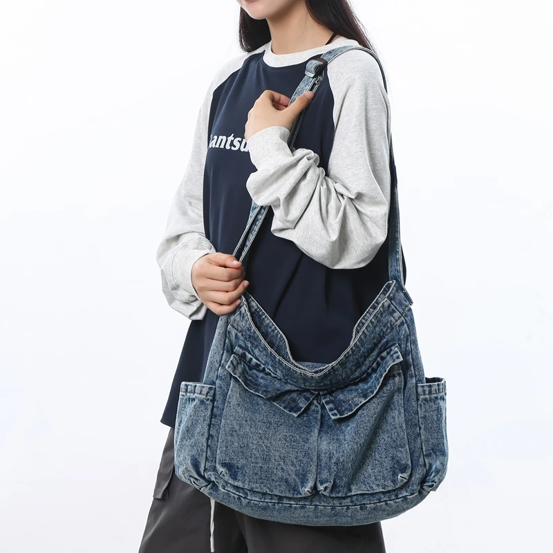 

Large Denim Women's Bag School Shoulder Bag Jeans Messenger Bag Y2K Eco Bag Korean Shopper Casual Handbag Multiple Pockets Daily