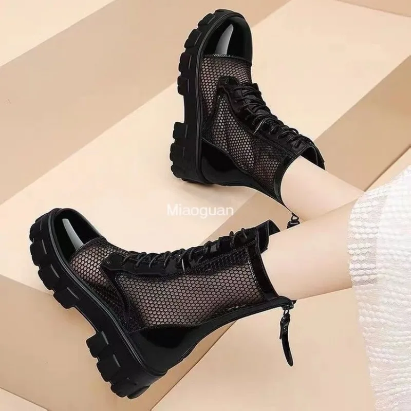 Summer Ankle Boots Women\'s 2024 New Chunky Hollow Out Shoes Brand Female Black Round Toe Lace-up Ladies Fashion Platform Comfort