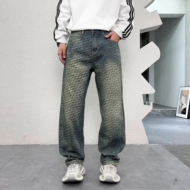 New Men'S Printed Trendy Brand Loose Casual Straight Leg Blue Youthful  Washed Elastic Denim Pants