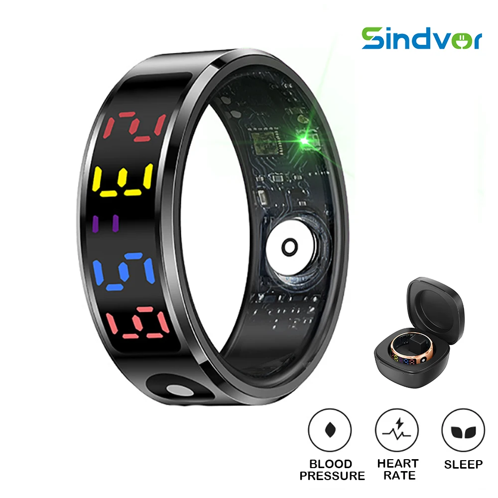 

Smart Ring LED Color Display Heart Rate Waterproof Video Sleep Monitor Multi Sports Modes Wireless Charging For Men Women Gold
