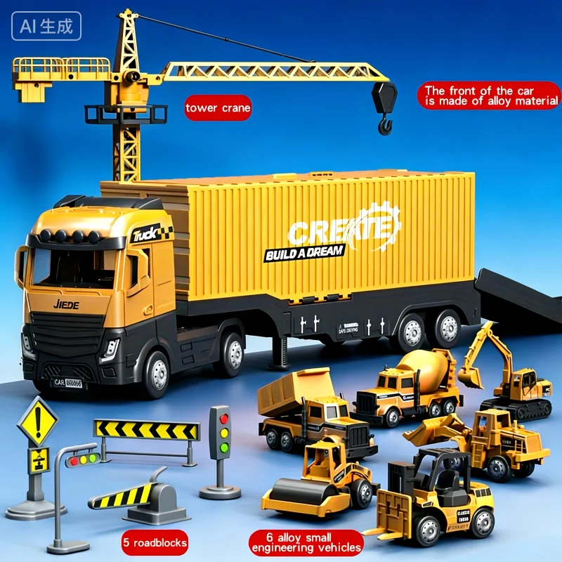 

Foldable Ramp Truck Toy with Crane & Roadblocks for Boys