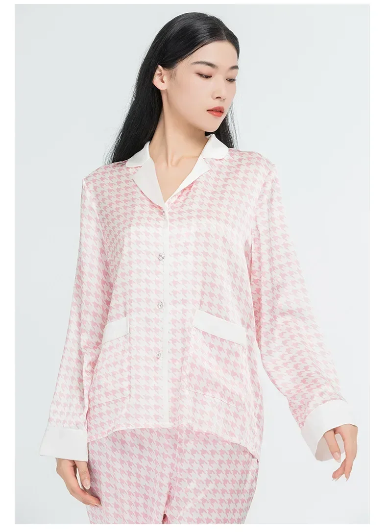 Houndstooth Plaid 19 Momme 100% Mulberry Silk Pajamas Women's Spring and Autumn Long Sleeve Pajama Homewear Sleepwear Home Suit
