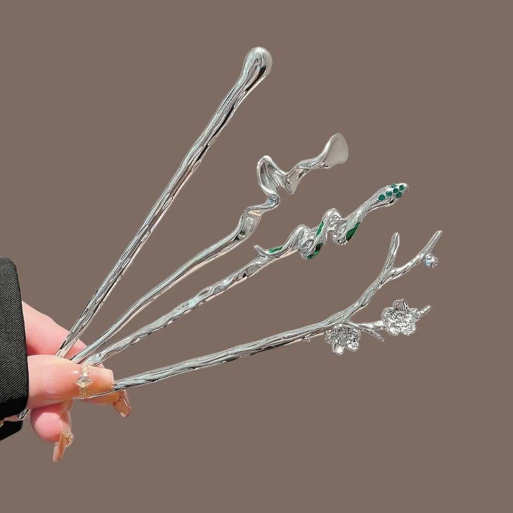 Nouvelle Épingle à Cheveux en Métal Argenté Style Chinois, Forme Serpent Ondulé Fleur de Prunier, Pince à Cheveux en U, Accessoire Coiffure Hanfu Qipao