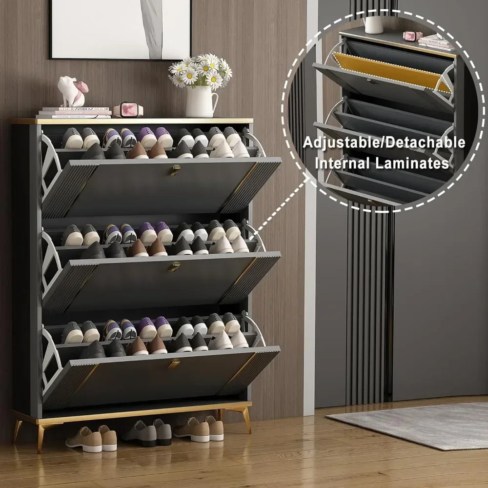 Shoe Cabinet with 3 Clamshell Drawers, Modern Slim Hidden Shoe Storage and Freestanding Tipper Rack with Narrow Entry Grey