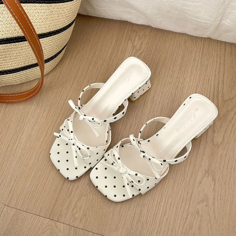 

2026 Summer Butterfly-knot Thick Heel Shoes Street Style Open Toe Vacation Party Dress Slides Polka Dot Slip On Women Slippers