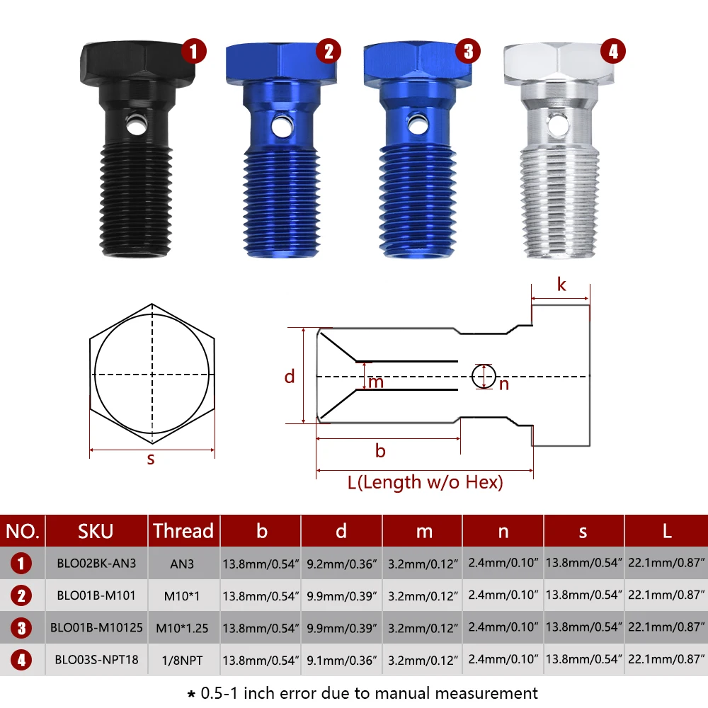 22mm M10*1.25 M10*1 AN3 1/8NPT Banjo Bolts Brake Master Cylinder Screw Brake Hose Caliper Bolt Hydraulic Clutch Motorcycle