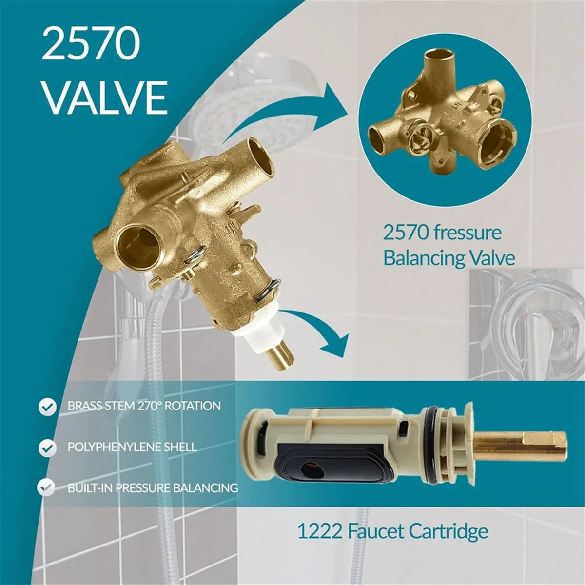 【frki】 2570 Shower Valve,Pressure Balancing Cycling 4 Port Tub and Brass Shower Valves with Stops Replacement for PosiTemp