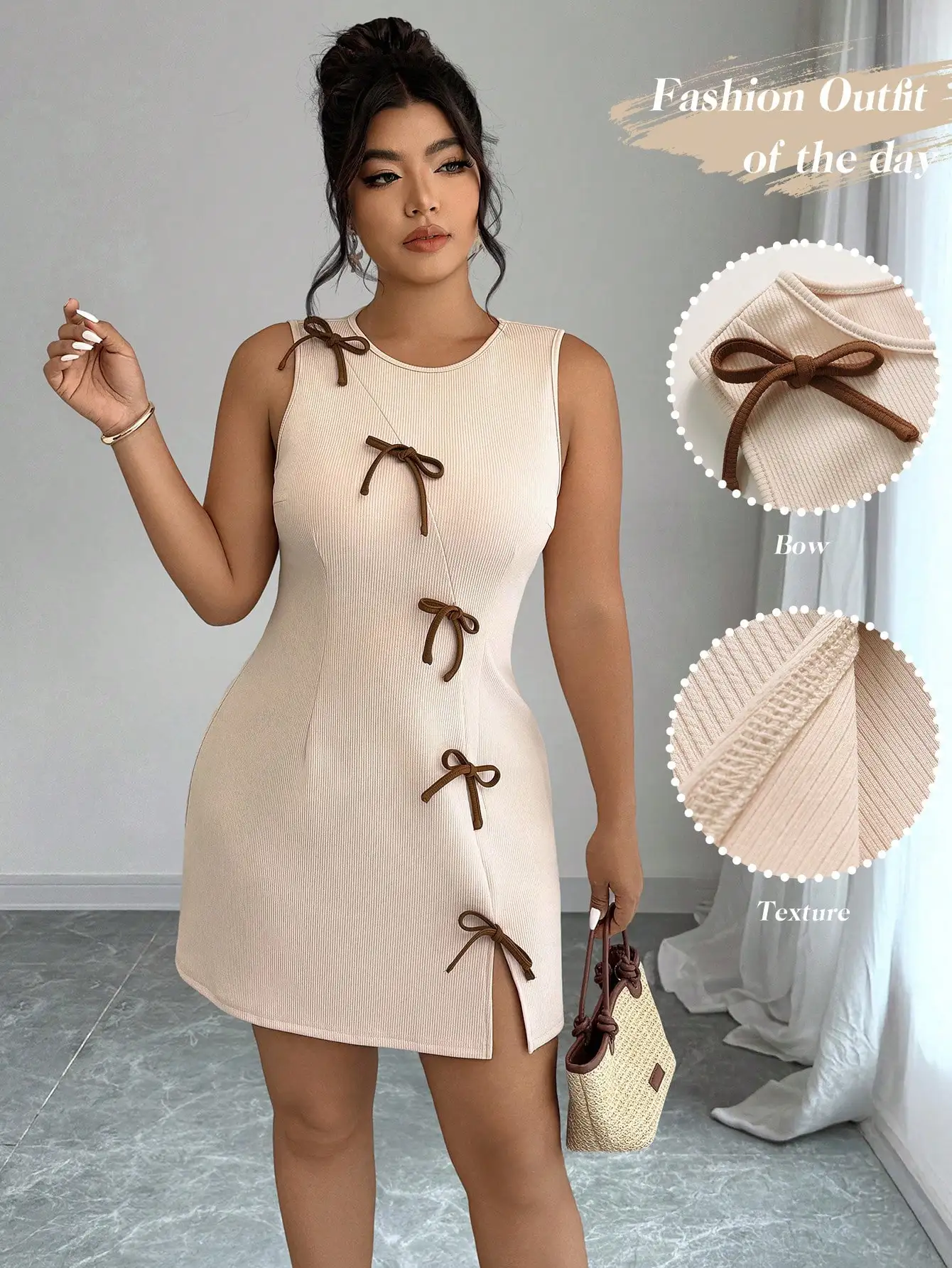 

Кремовое мини-платье без рукавов в рубчик с коричневыми бантиками