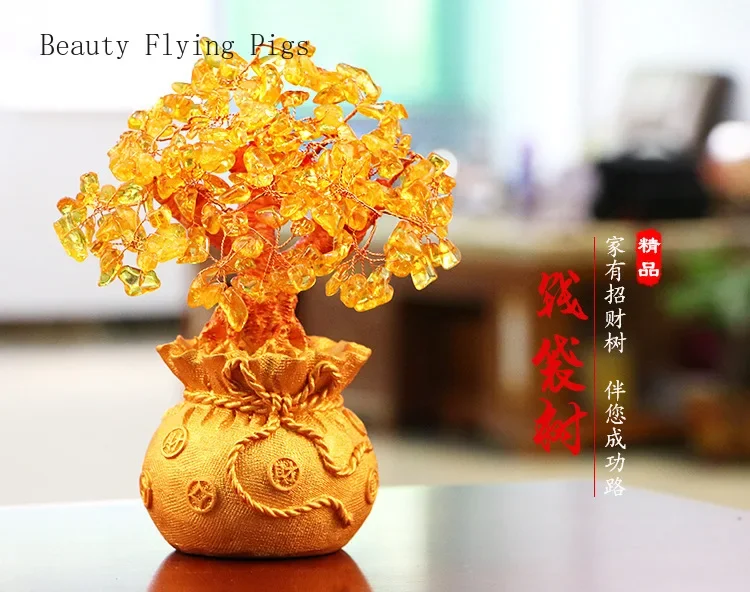 Large Golden Natural Crystal Lucky Money Bag Tree Fortune Tree Money Tree Business Craft New Home Gift Decoration Sculpture