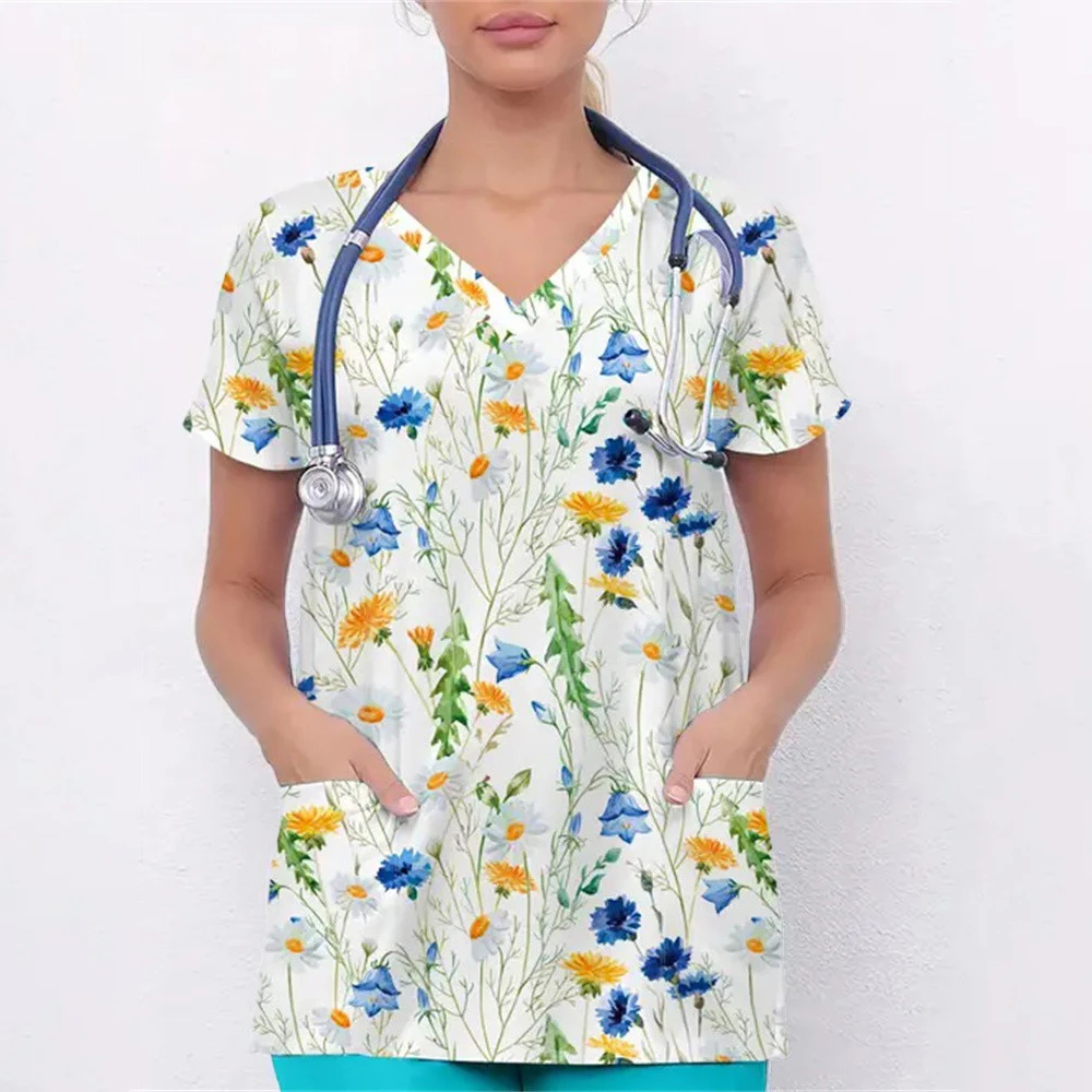 Высококачественный женский матовый топ с принтом в сочетании с v-образным вырезом, мультяшная матовая униформа, тонкий топ для медсестры, женский топ с короткими рукавами, шелковая ткань