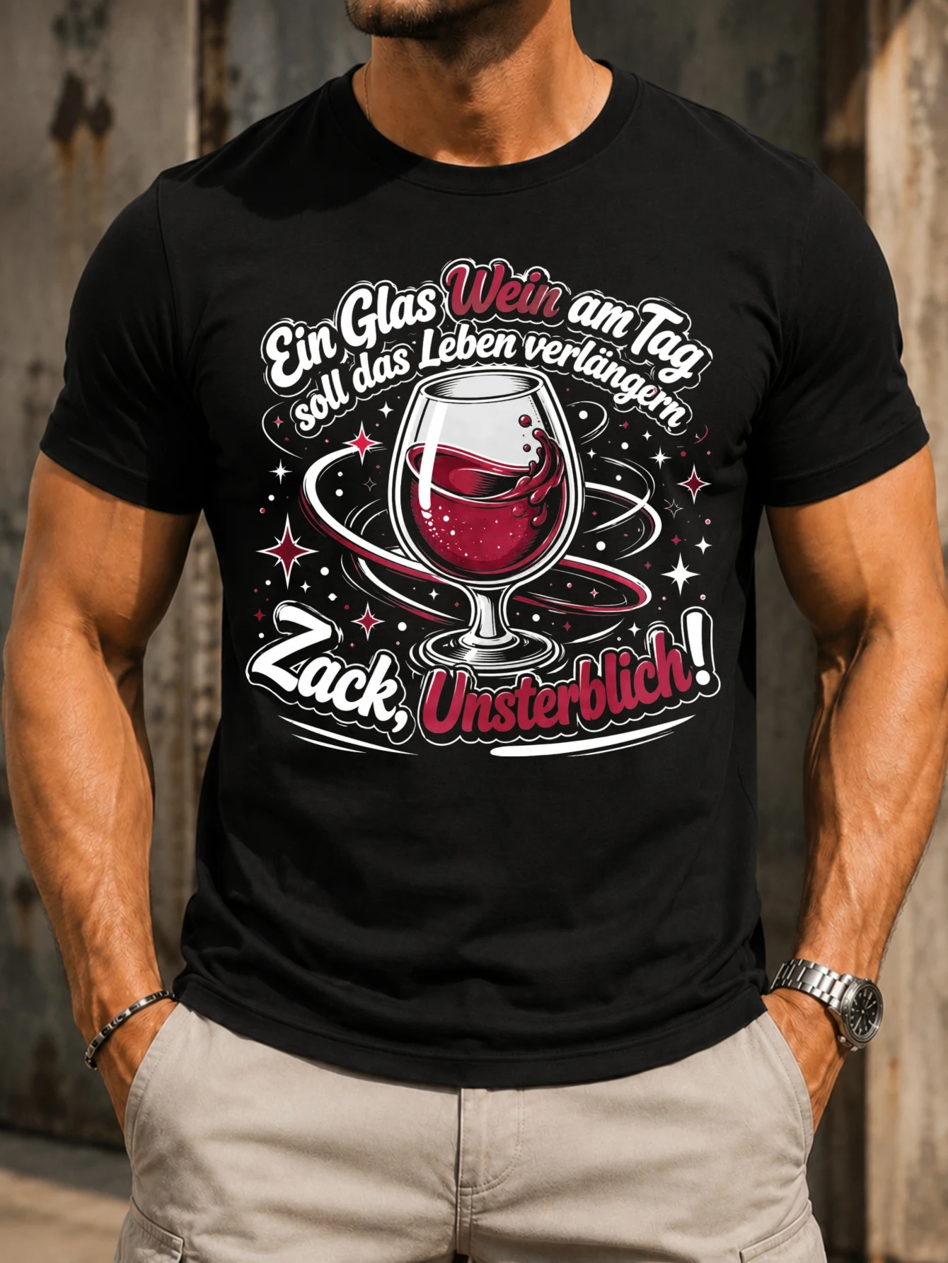 Карикатурный бокал для вина Ein Glas Wein Am Tag Zack Unsterblich с красными звездами и ярким игривым дизайном, футболка унисекс.