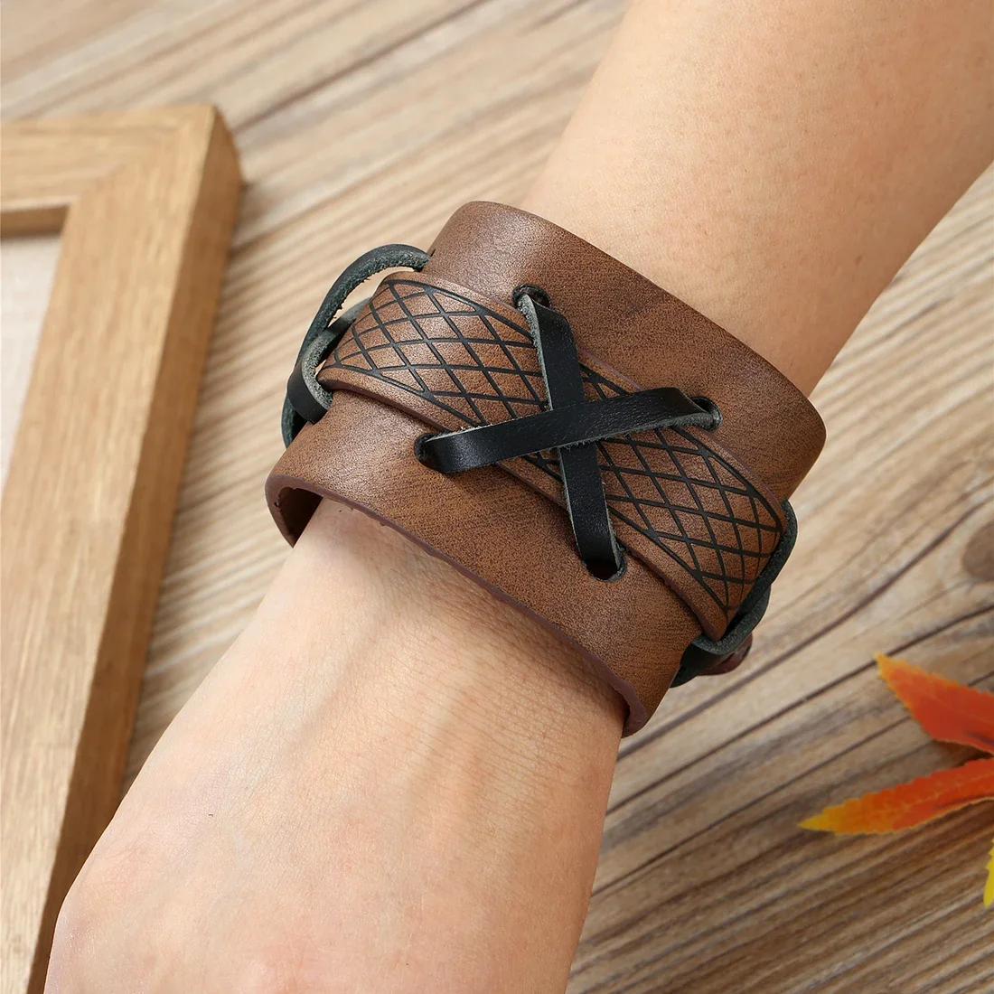 

Fashionable Retro Leather Bracelet Hand Woven Letter Leather Bracelet Wide Leather Bracelet Men's Classic Versatile Accessory